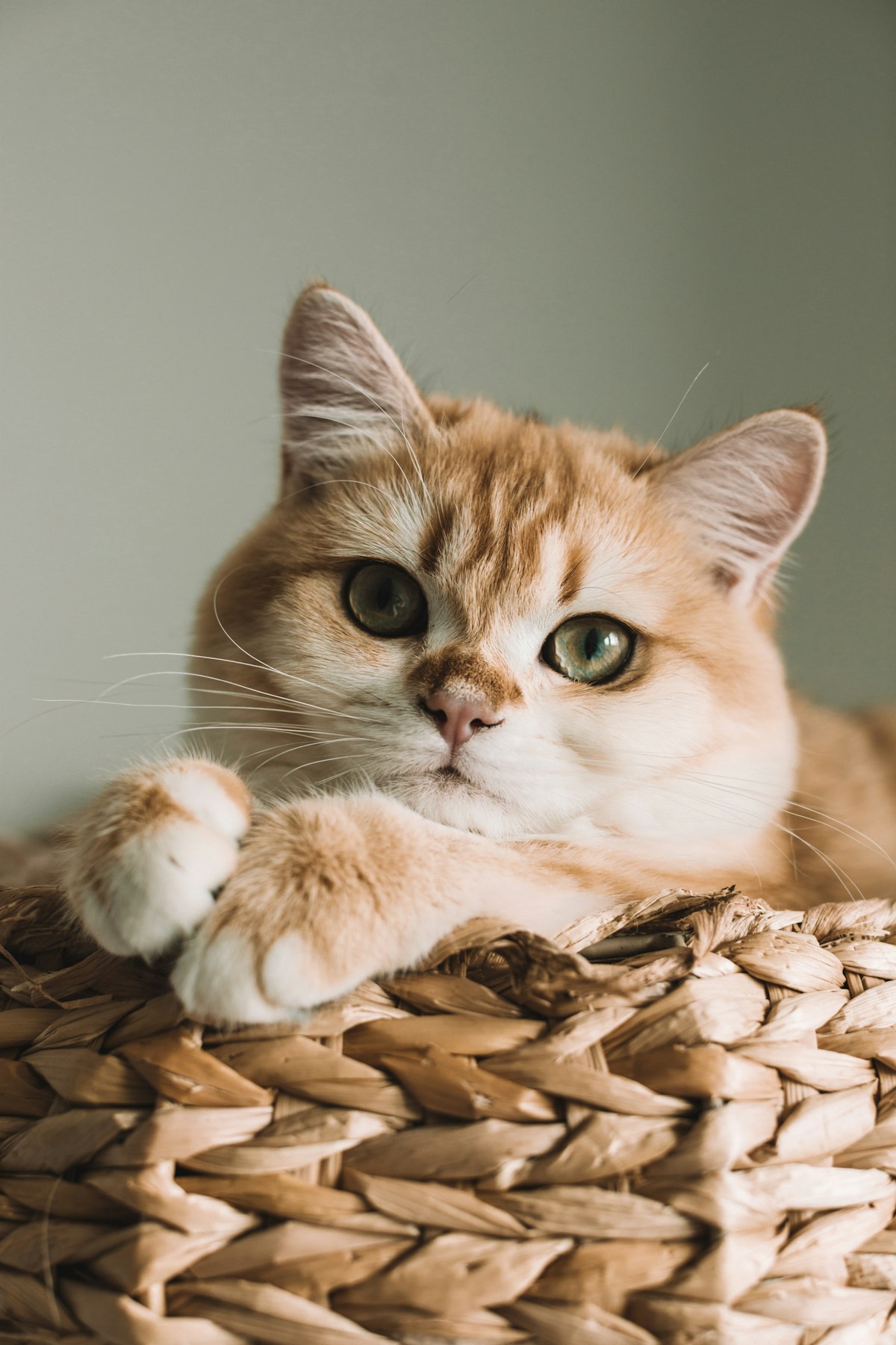 Orange and white bicolor cat on a pink background.